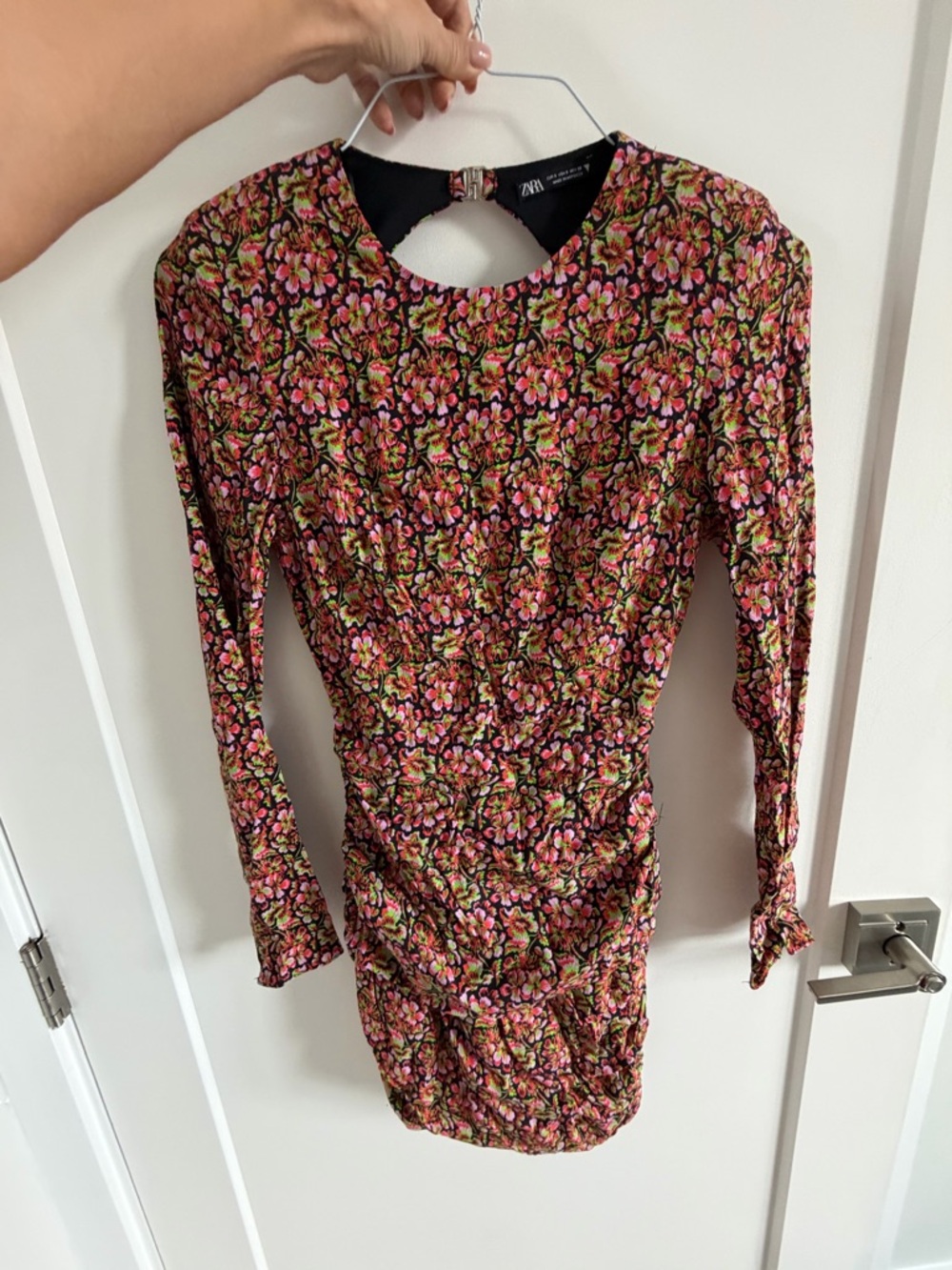 ZARA Pink Floral Long-Sleeve Ruched Mini Dress size S never worn